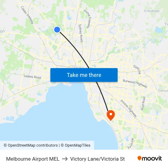 Melbourne Airport MEL to Victory Lane/Victoria St map