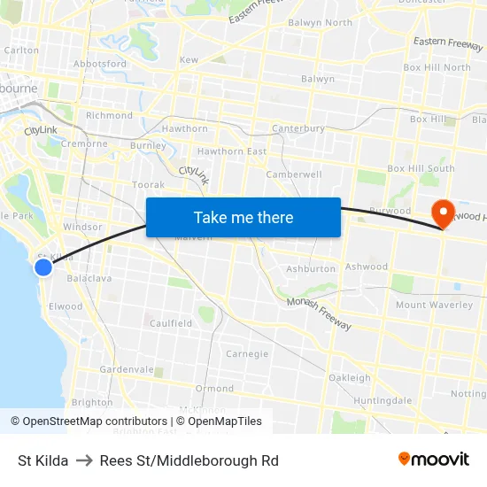 St Kilda to Rees St/Middleborough Rd map