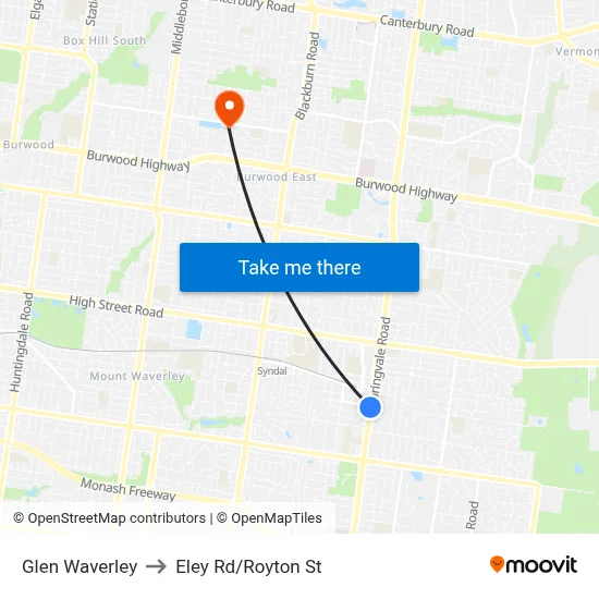 Glen Waverley to Eley Rd/Royton St map