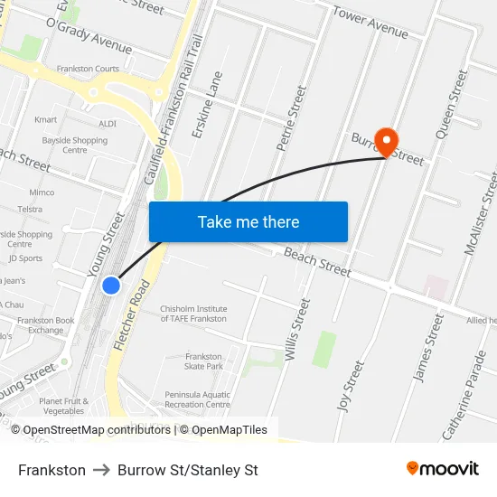 Frankston to Burrow St/Stanley St map