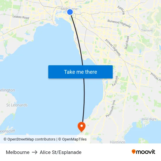 Melbourne to Alice St/Esplanade map