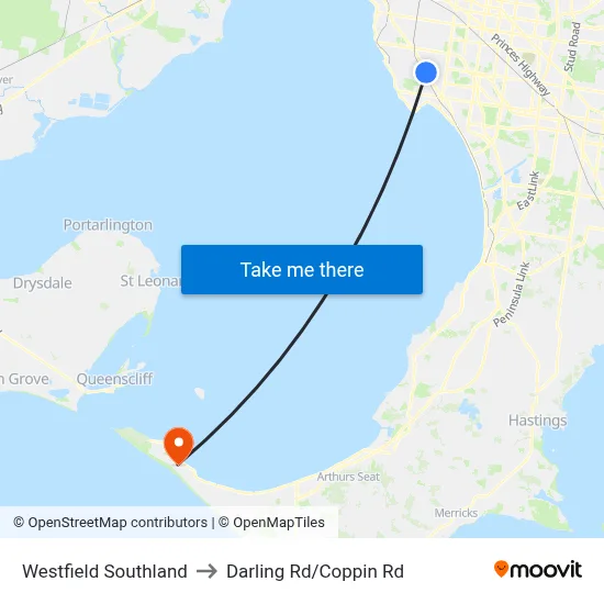 Westfield Southland to Darling Rd/Coppin Rd map
