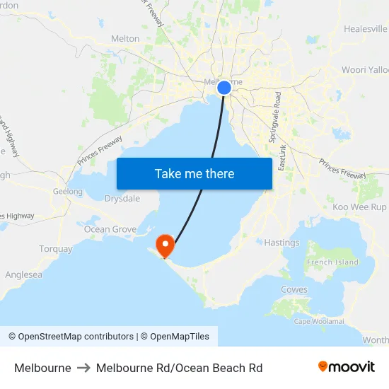 Melbourne to Melbourne Rd/Ocean Beach Rd map