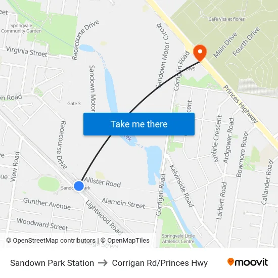Sandown Park Station to Corrigan Rd/Princes Hwy map