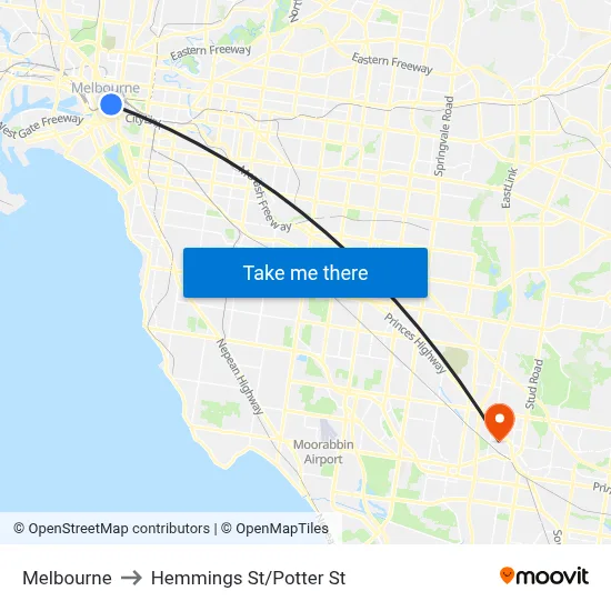 Melbourne to Hemmings St/Potter St map