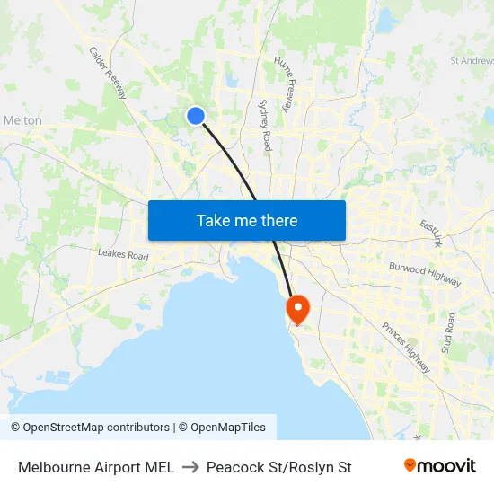 Melbourne Airport MEL to Peacock St/Roslyn St map