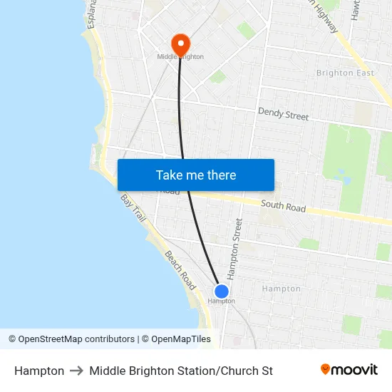 Hampton to Middle Brighton Station / Church St map