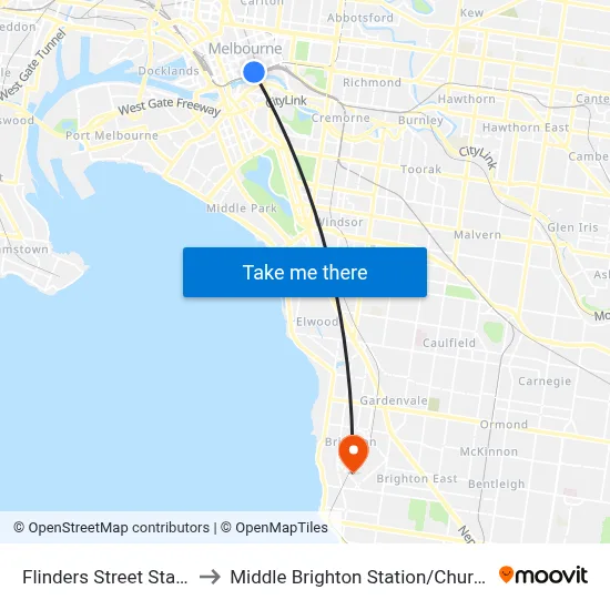 Flinders Street Station to Middle Brighton Station / Church St map