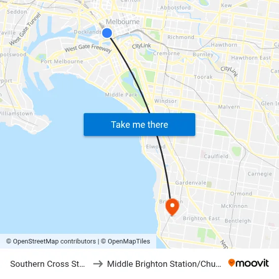 Southern Cross Station to Middle Brighton Station / Church St map