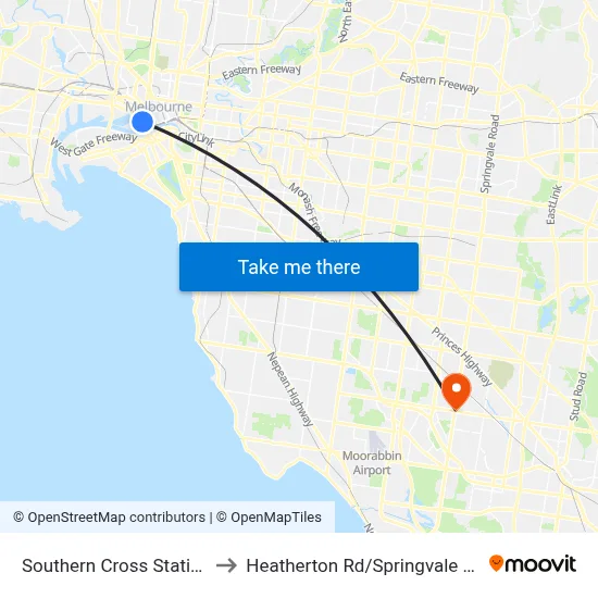 Southern Cross Station to Heatherton Rd/Springvale Rd map