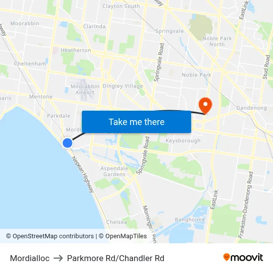 Mordialloc to Parkmore Rd/Chandler Rd map