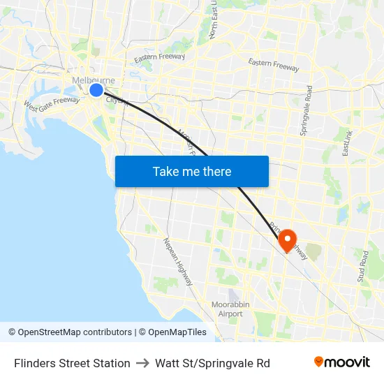 Flinders Street Station to Watt St/Springvale Rd map