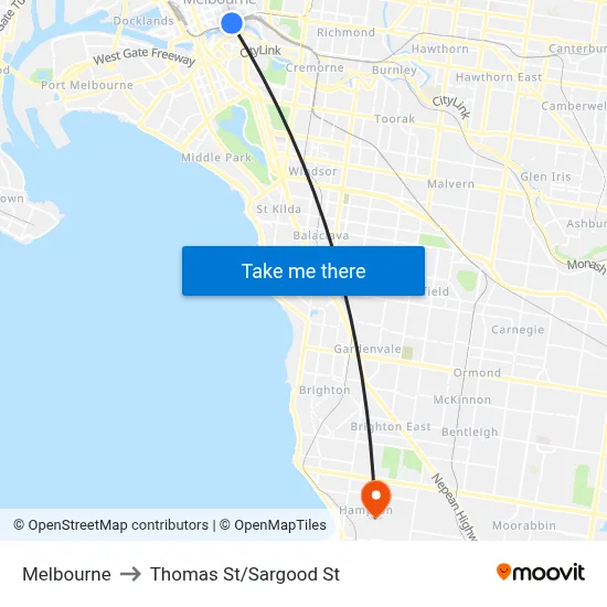 Melbourne to Thomas St/Sargood St map