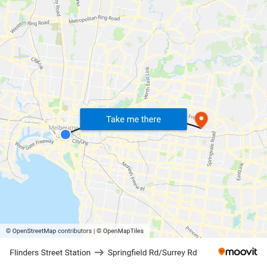 Flinders Street Station to Springfield Rd/Surrey Rd map
