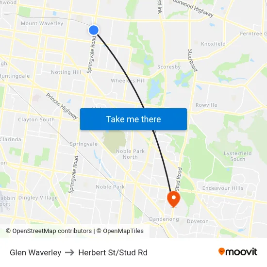 Glen Waverley to Herbert St/Stud Rd map