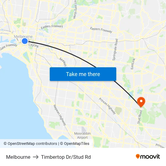 Melbourne to Timbertop Dr/Stud Rd map