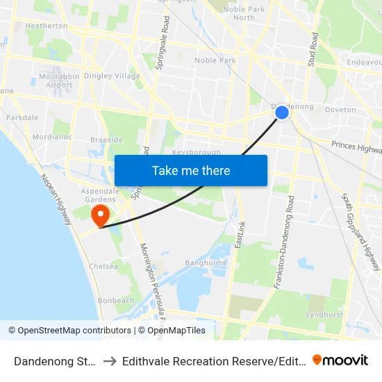 Dandenong Station to Edithvale Recreation Reserve / Edithvale Rd map
