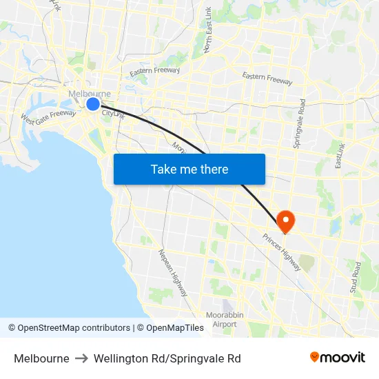 Melbourne to Wellington Rd/Springvale Rd map