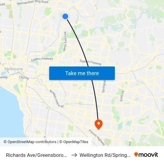 Richards Ave/Greensborough Hwy to Wellington Rd/Springvale Rd map