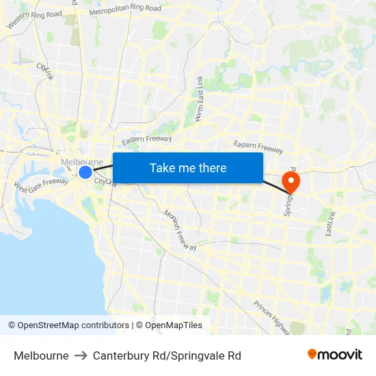 Melbourne to Canterbury Rd/Springvale Rd map