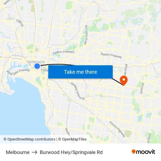 Melbourne to Burwood Hwy/Springvale Rd map