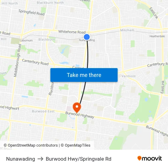 Nunawading to Burwood Hwy/Springvale Rd map