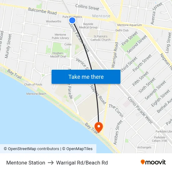 Mentone Station to Warrigal Rd/Beach Rd map