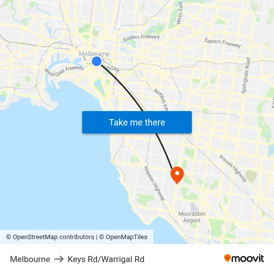 Melbourne to Keys Rd/Warrigal Rd map