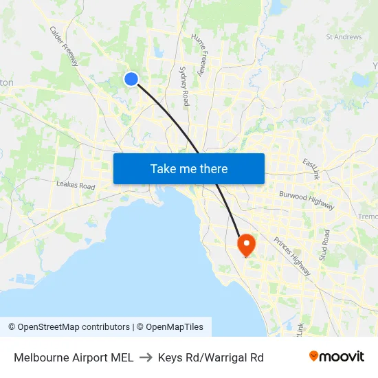 Melbourne Airport MEL to Keys Rd/Warrigal Rd map