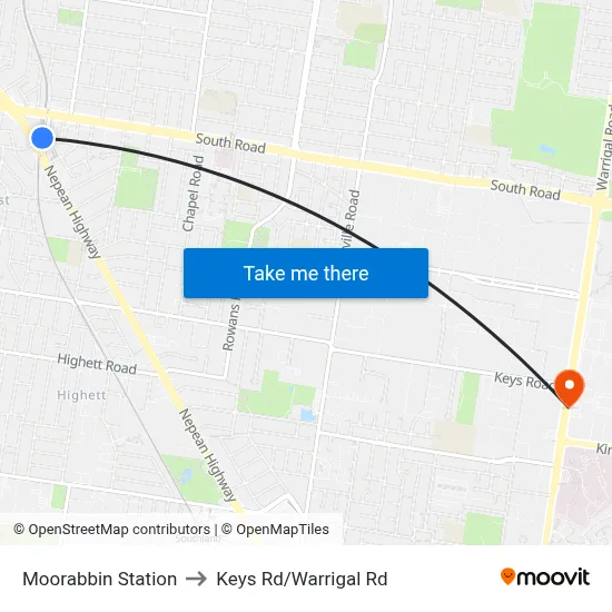 Moorabbin Station to Keys Rd/Warrigal Rd map