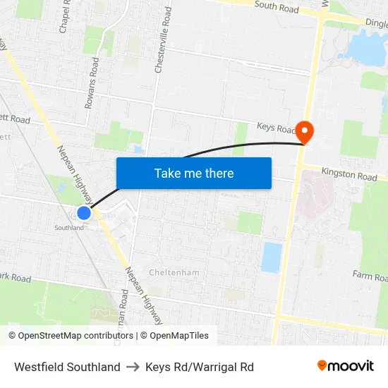 Westfield Southland to Keys Rd/Warrigal Rd map