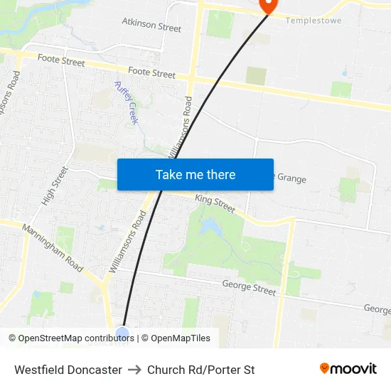 Westfield Doncaster to Church Rd/Porter St map