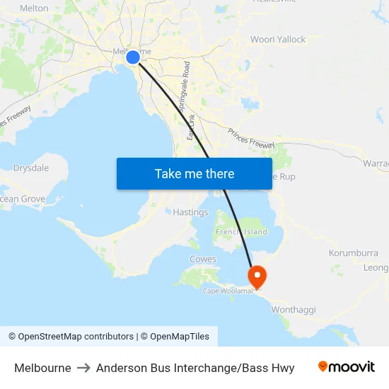Melbourne to Anderson Bus Interchange / Bass Hwy map