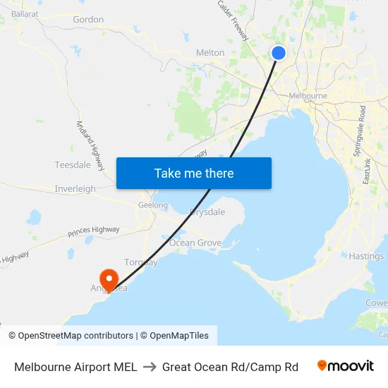 Melbourne Airport MEL to Great Ocean Rd/Camp Rd map