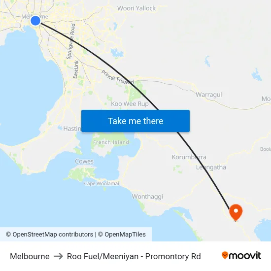 Melbourne to Roo Fuel / Meeniyan - Promontory Rd map
