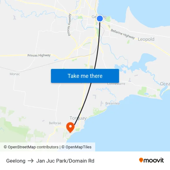 Geelong to Jan Juc Park/Domain Rd map