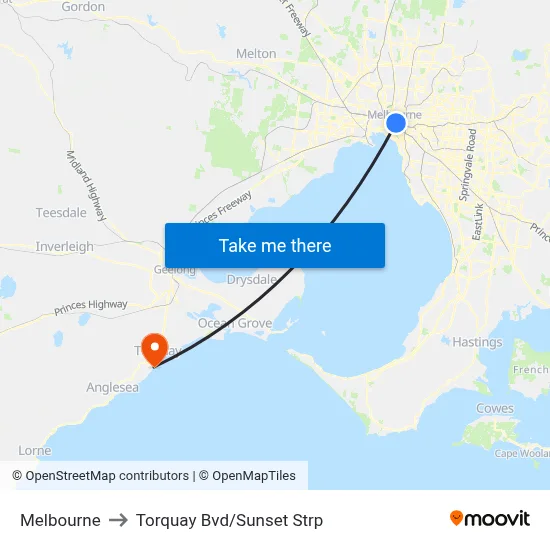 Melbourne to Torquay Bvd/Sunset Strp map