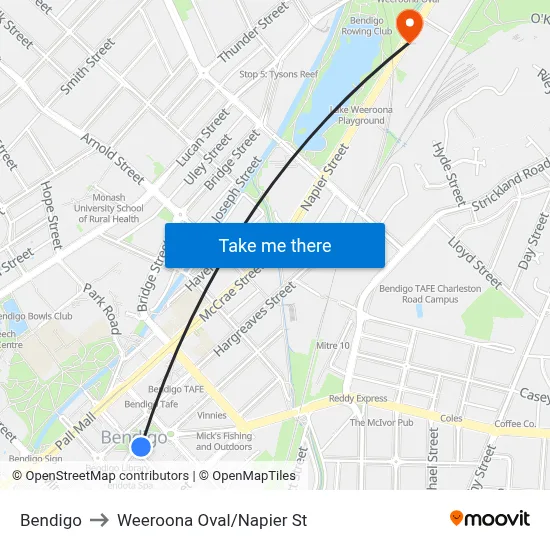 Bendigo to Weeroona Oval/Napier St map