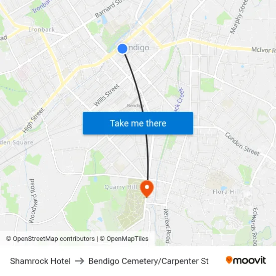 Shamrock Hotel to Bendigo Cemetery/Carpenter St map