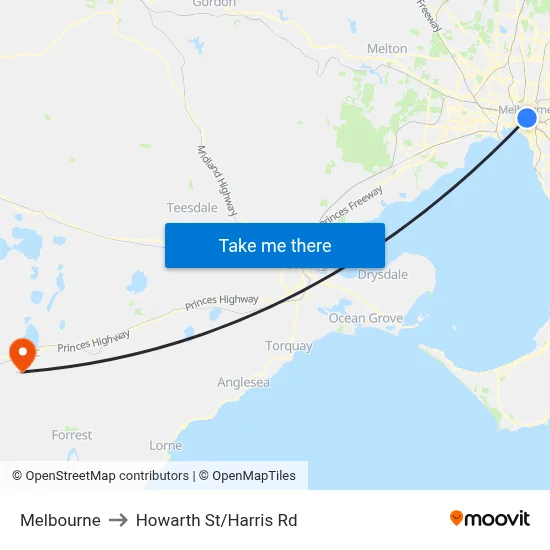 Melbourne to Howarth St/Harris Rd map