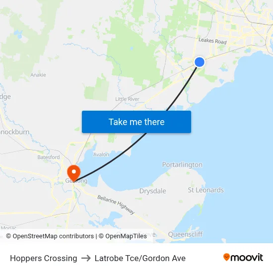 Hoppers Crossing to Latrobe Tce/Gordon Ave map
