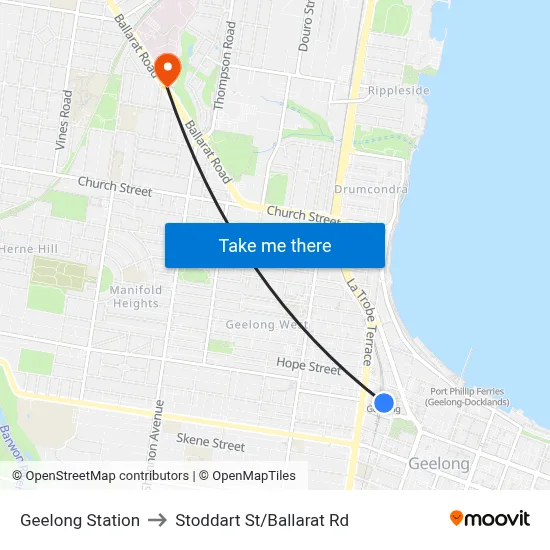 Geelong Station to Stoddart St/Ballarat Rd map