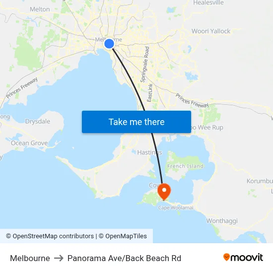 Melbourne to Panorama Ave/Back Beach Rd map