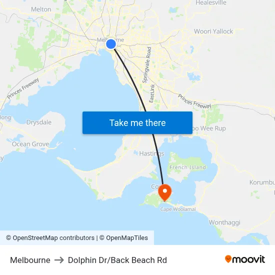 Melbourne to Dolphin Dr/Back Beach Rd map