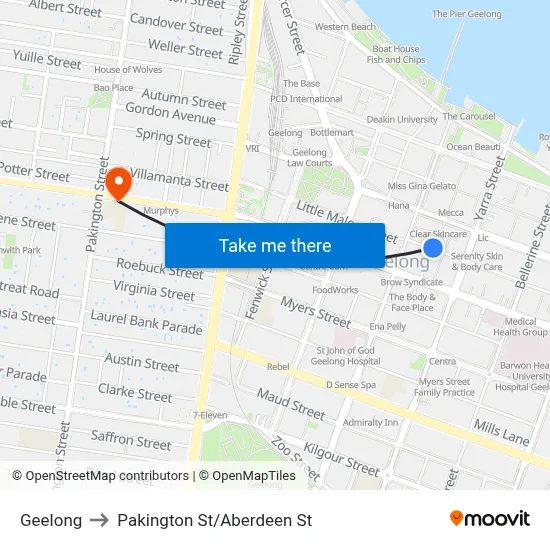 Geelong to Pakington St/Aberdeen St map