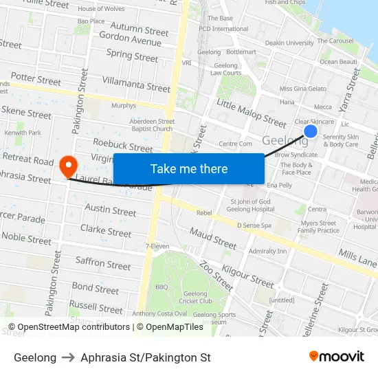 Geelong to Aphrasia St/Pakington St map