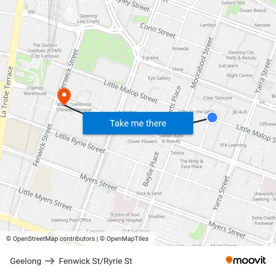 Geelong to Fenwick St/Ryrie St map