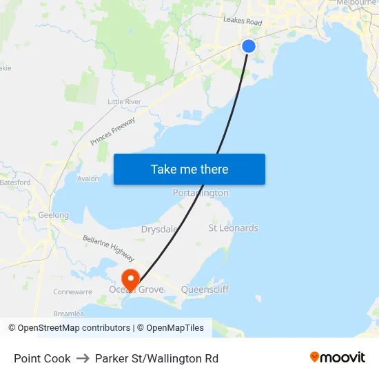 Point Cook to Parker St/Wallington Rd map