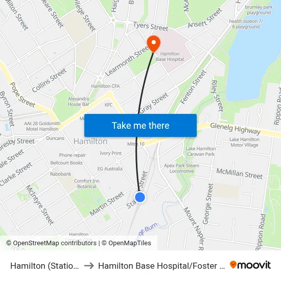 Hamilton (Station) to Hamilton Base Hospital / Foster St map