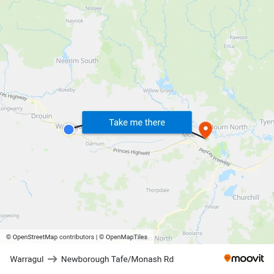 Warragul to Newborough Tafe/Monash Rd map